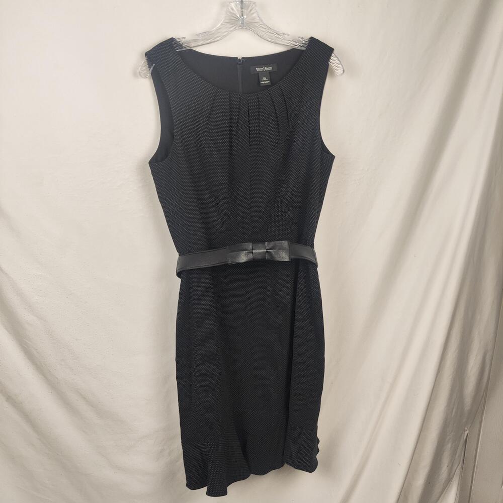 White House Black Market Dress Womens 12 Black Dot Sheath Belted Bow Workwear
